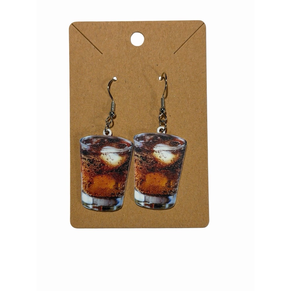 Handmade Soda Pop Cola Glass Acrylic Drop Earrings Novelty Kitsch Jewelry Brown